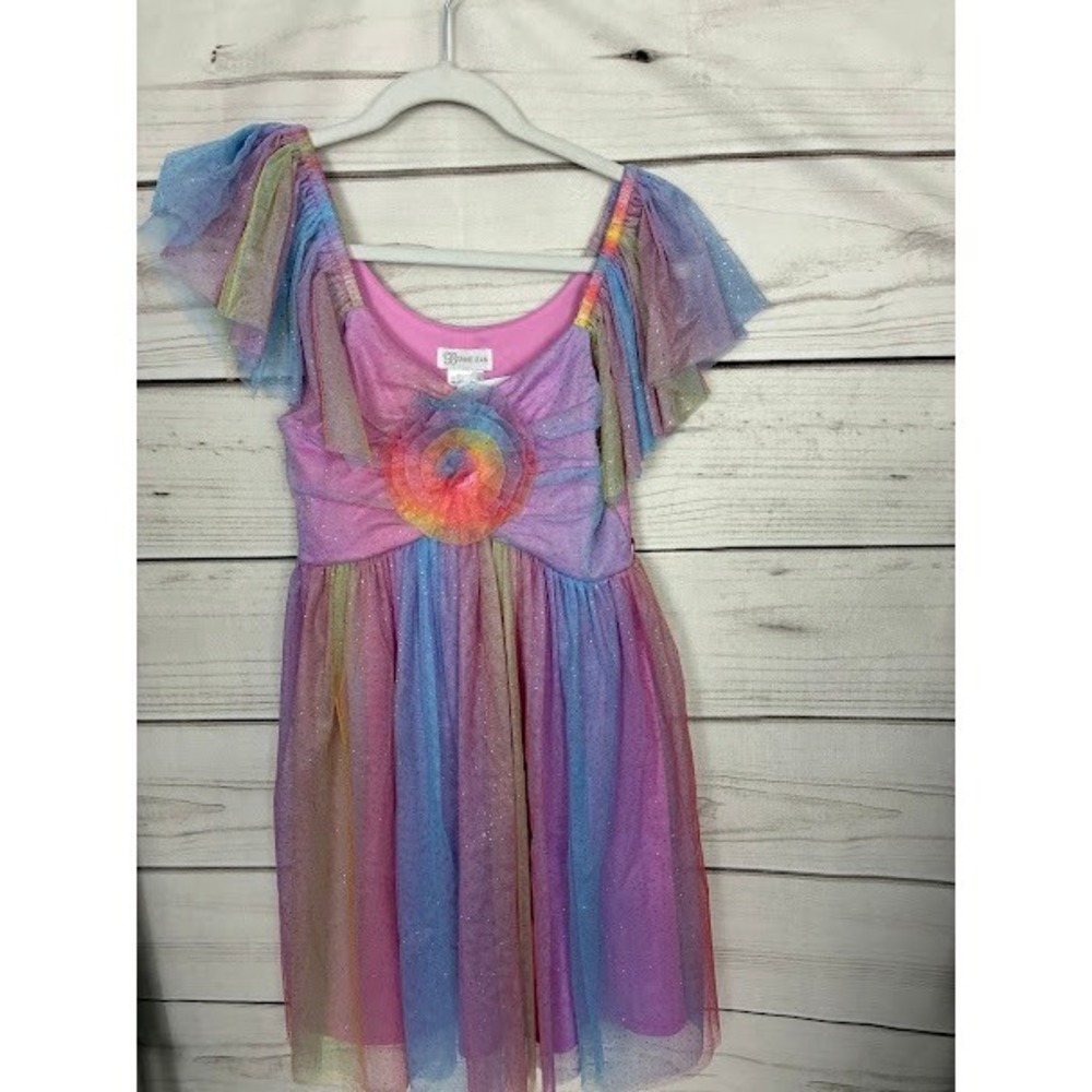 Bonnie Jean Girls Rainbow Glitter Tulle Party Dress Size 14 Ombre Flutter Sleeve